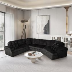BLACK RHF Fabric Half U-Shaped Pull Out Sectional Sofa w/ Storage Armrest w/ USB + Pillows