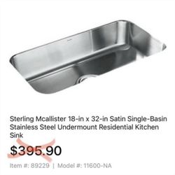 Undermount Kitchen Sink Bowl 18x32 Single Basin 29.5” Stainless Steel Sterling McAllister Kohler