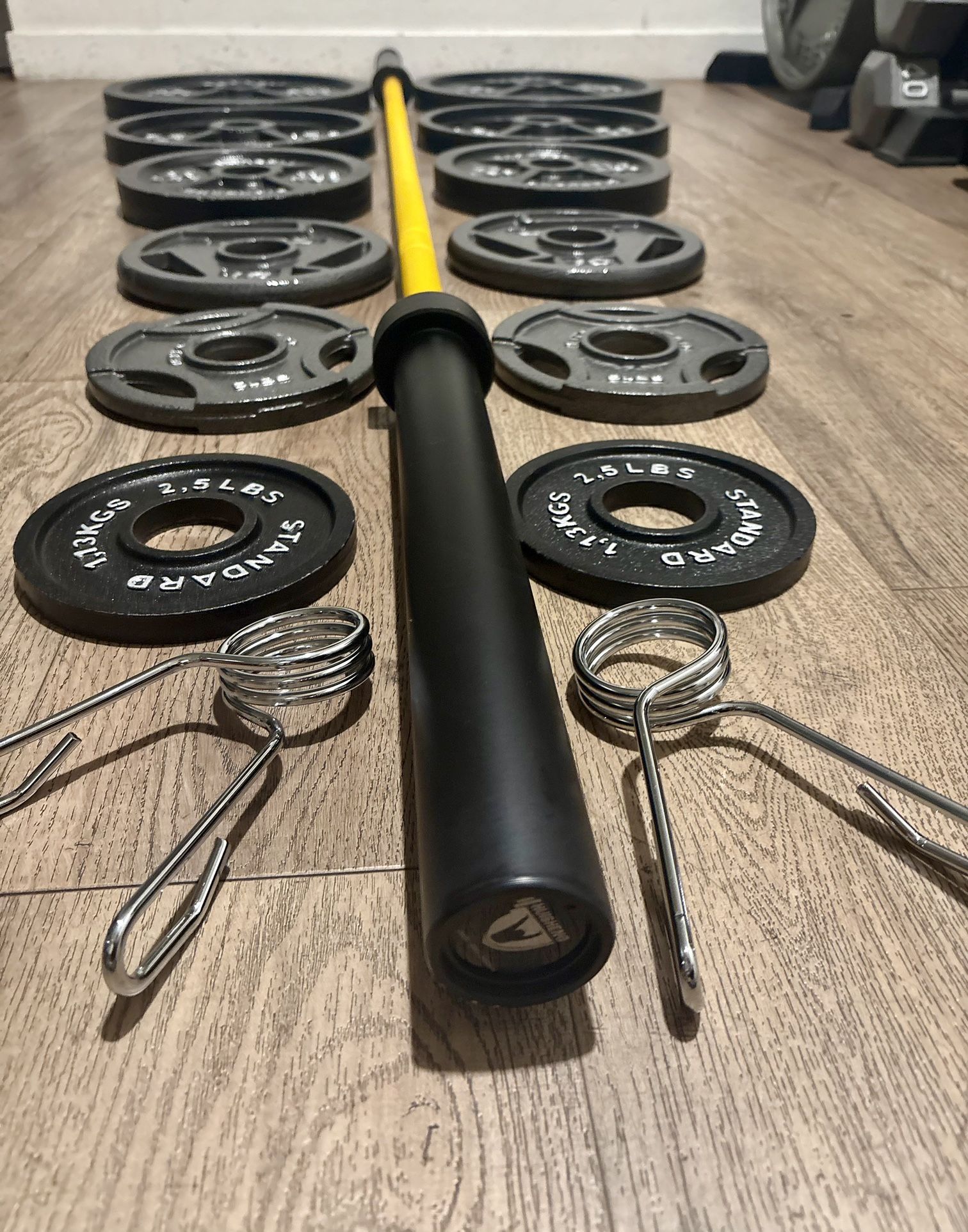 Beautiful BRAND NEW Olympic Equipment: Bar And Full Set Of Weight Plates. Total Of 290 lbs