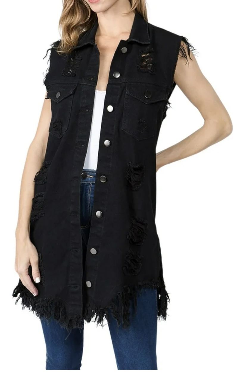 WOMEN'S DESTROYED LONG DENIM VESTi