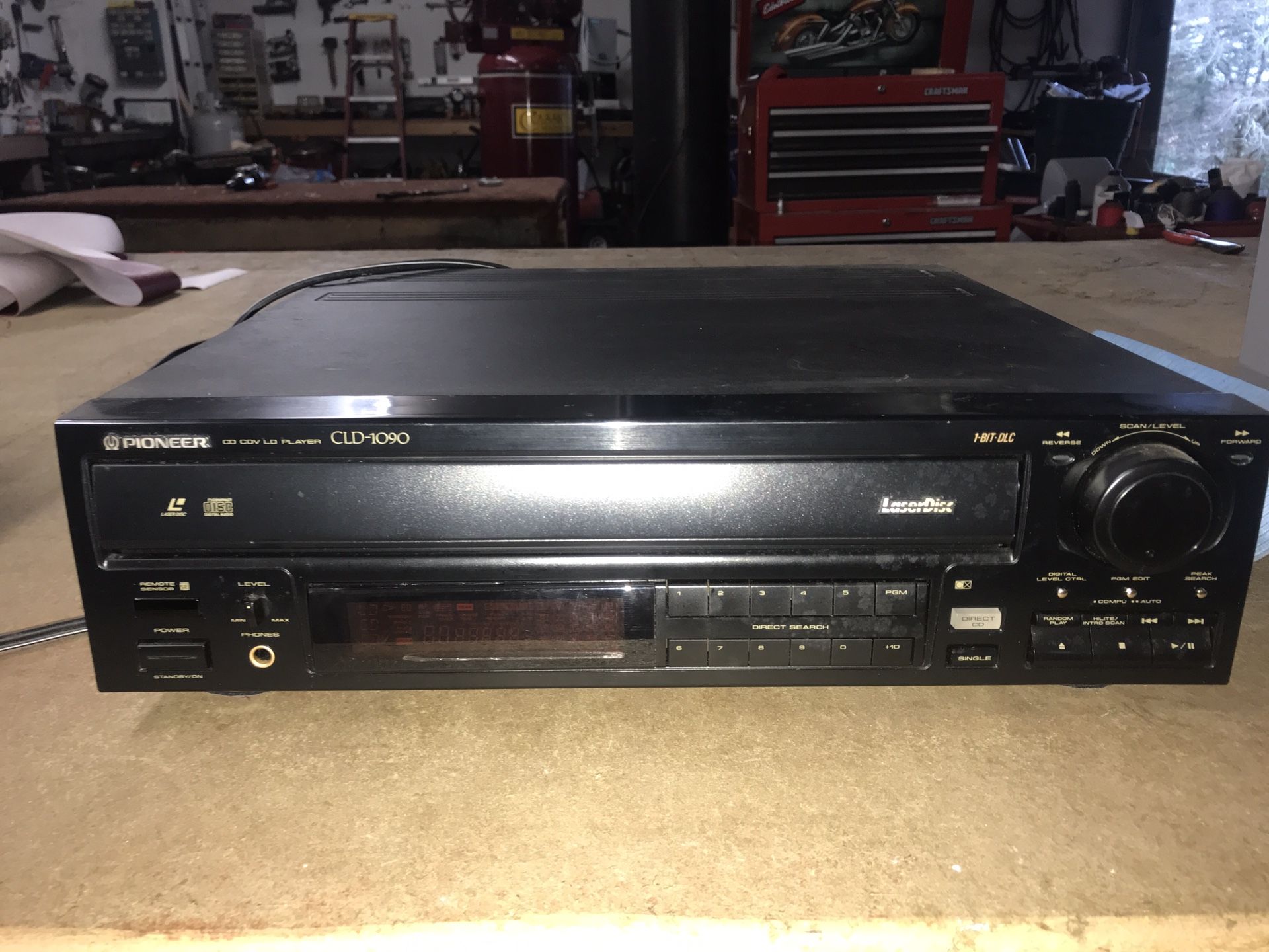 Pioneer laser disc player will play the big 12” laser disc also the smaller ones and regular cds