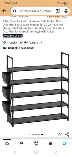 5 Tier Shoe Rack with Hook , Shoe Organizer Space Saver Storage for 20-25 Pair Shoe Storage Shelf Sturdv Free Standina Lona Shoe Rack Organizer for Cl