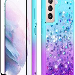 Dzxouui for Samsung Galaxy S21 Plus Case and Glass Screen Protector,TPU Clear Cover Moving Quicksand Glitter Cute Girls Women Phone Cases for Samsung 
