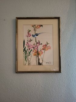 Bird On Flower Branch Silk Framed