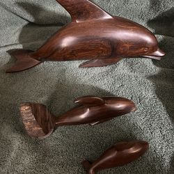 Set Of 3 Wood Dolphins