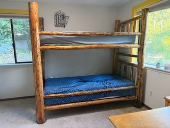 Rustic pine bunk bed and two side tables