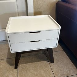 1 Modern White 2 Drawer Night Stand With Dark Wood… 23.5” Height By 21.5” Wide By 16” Deep…$45