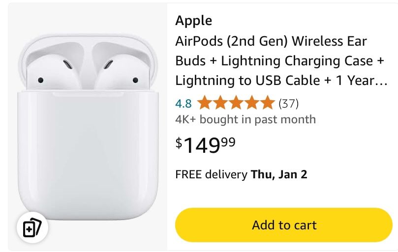Apple AirPods (2nd Gen) Wireless Ear Buds + Lightning Charging Case + Lightning to USB Cable