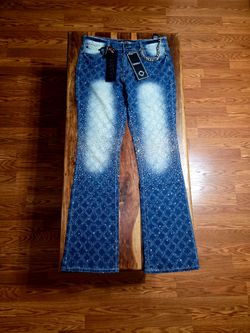 Verselli Men's Blue Diamond Pattern Rhinestone Luxury Jeans. Size 36W