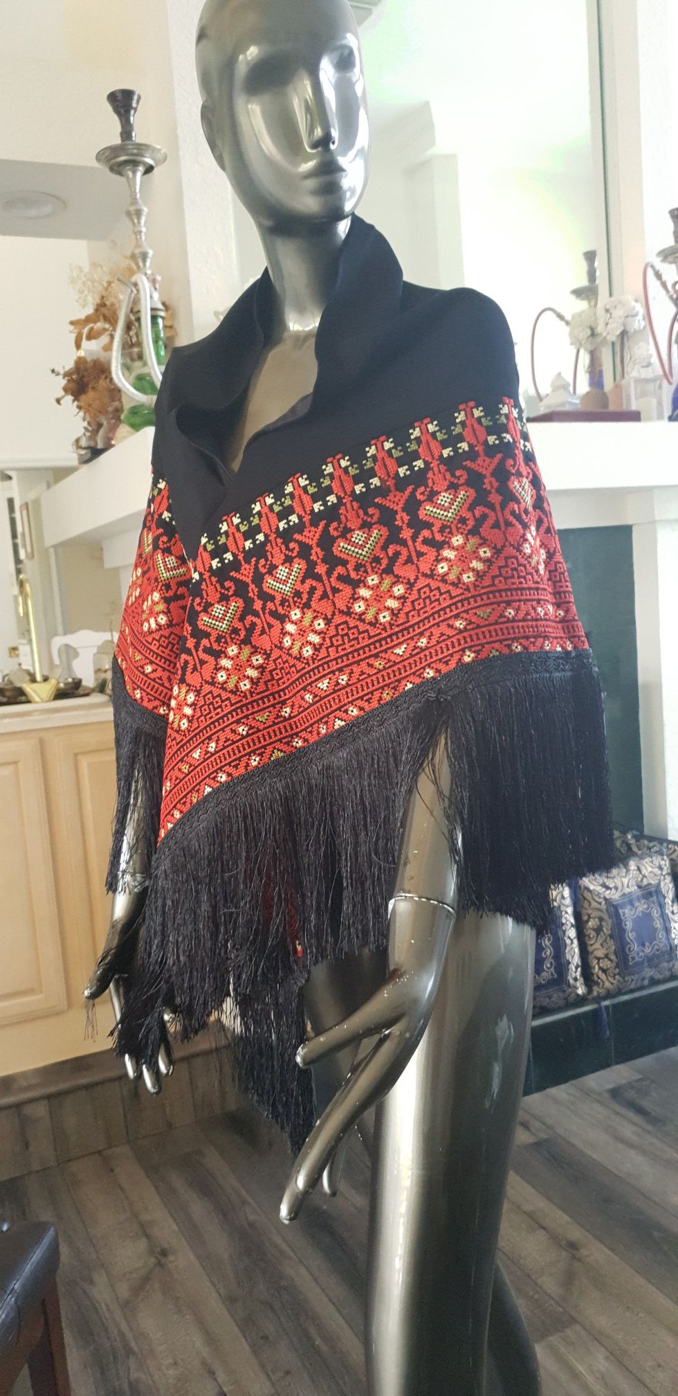 Black Embroidered Shawl / Poncho / Wrap 2 Meters Long with Red or Gold Embroidery and Black Fringe