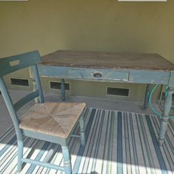 Vintage Farmhouse Writing Desk & Matching Rush Seat Chair Set