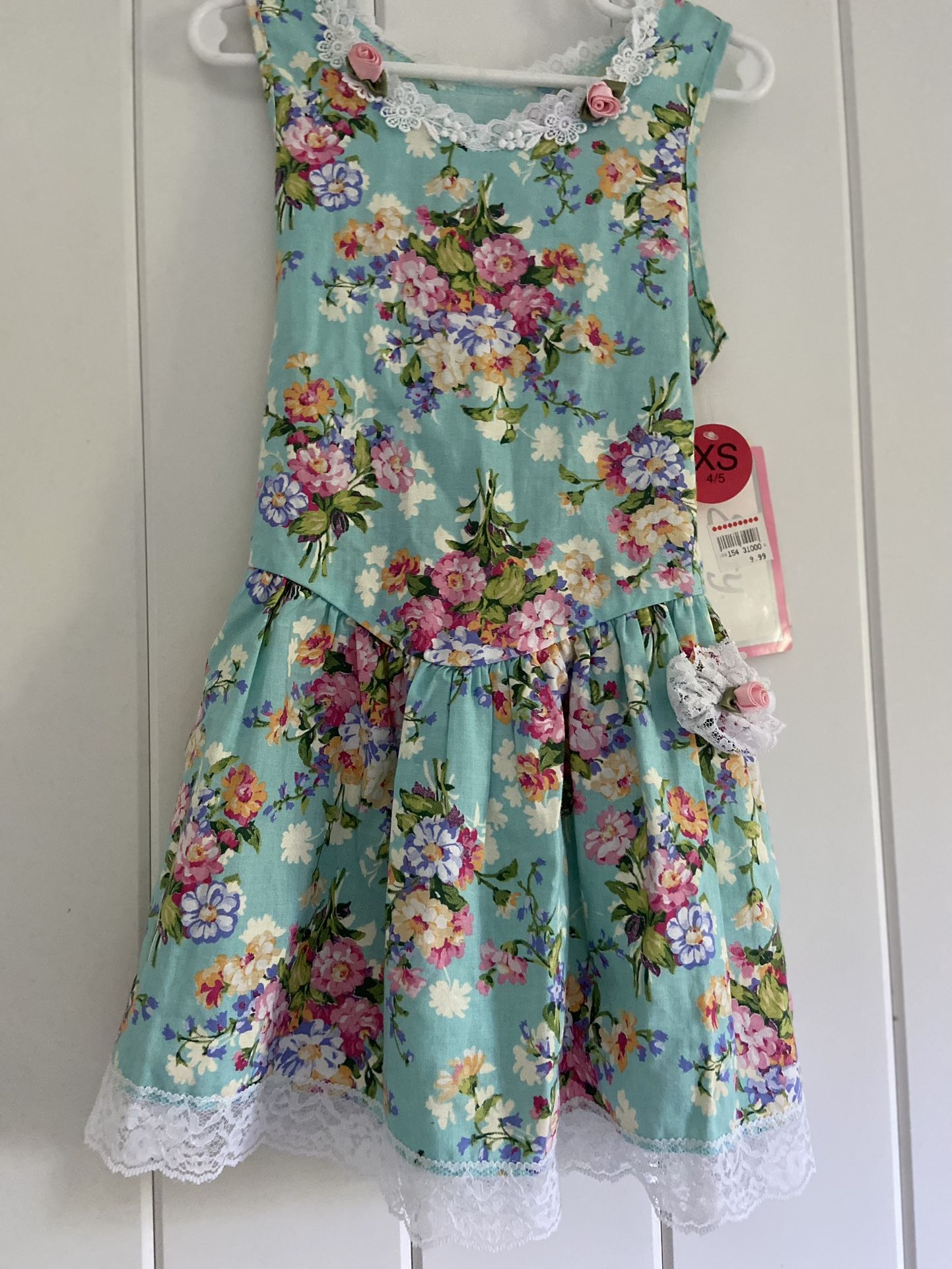 Vintage Evy Dress Girls XS 4/5 blue colorful Floral all cotton lace made in USA
