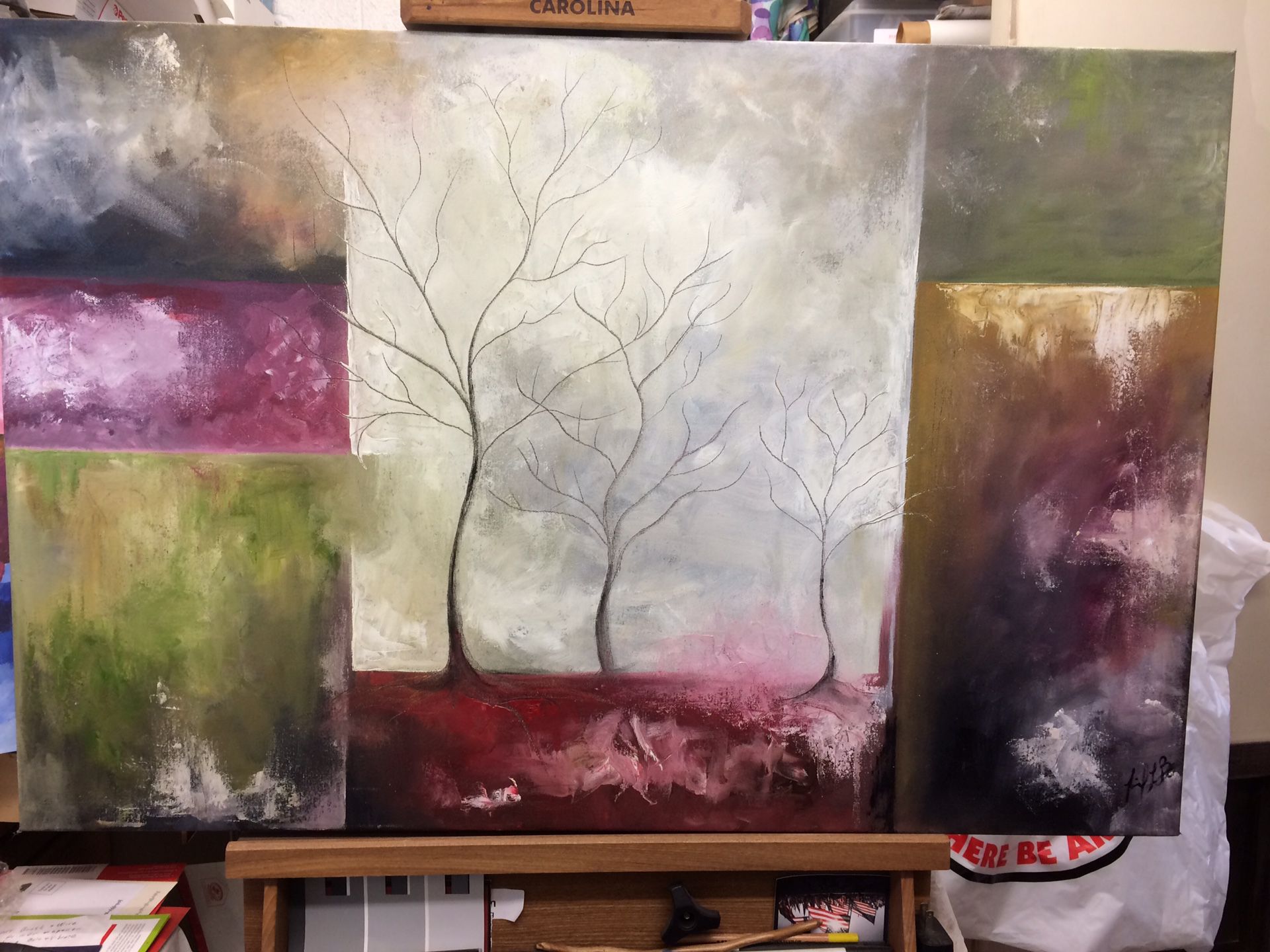 Abstract landscape triptych geometric painting, 24-36”