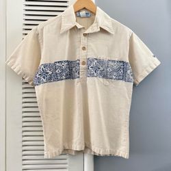 Vintage 80’s OCEAN PACIFIC Sunwear Hawaiian Print Surf Henley Button-Up Pocket Shirt Cream Sz Medium