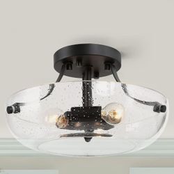 New 11 inch 3x Light Semi Flush Mount Ceiling Lighting Fixture with Seeded Glass for Foyer, Bedroom, Hallway, Kitchen, Dining Room