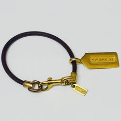 Coach Gold & Brown Leather Designer Tag Bracelet