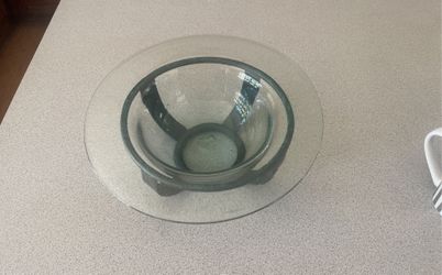 Glass Fruit Bowl In Verdigris Iron Stand