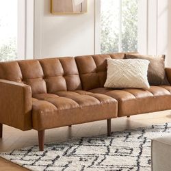 Sofa Bed, Sleeper Sofa, Loveseat, Mid Century Modern Futon Couch, Sofa Cama, Couches for Living Room, Bedroom 77.5" (Pecan Brown Faux Leather)