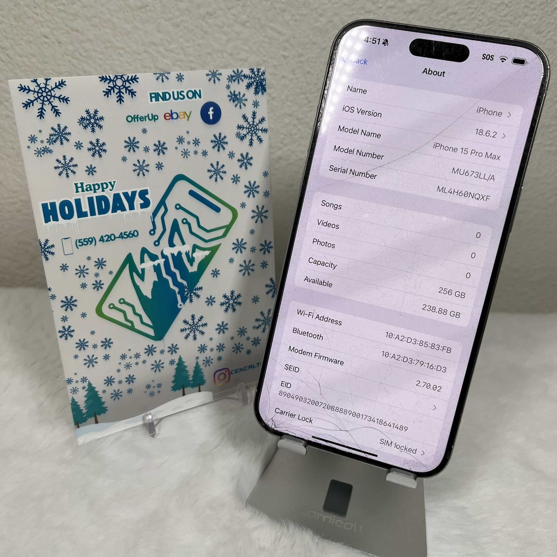 iPhone 15 Pro Max 256gb At&t & Cricket Carrier 94%🔋 Screen crack & scratches but Fully Fuctional