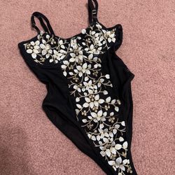 New Small Black Floral Embroidery Bodysuit Boho Festival 