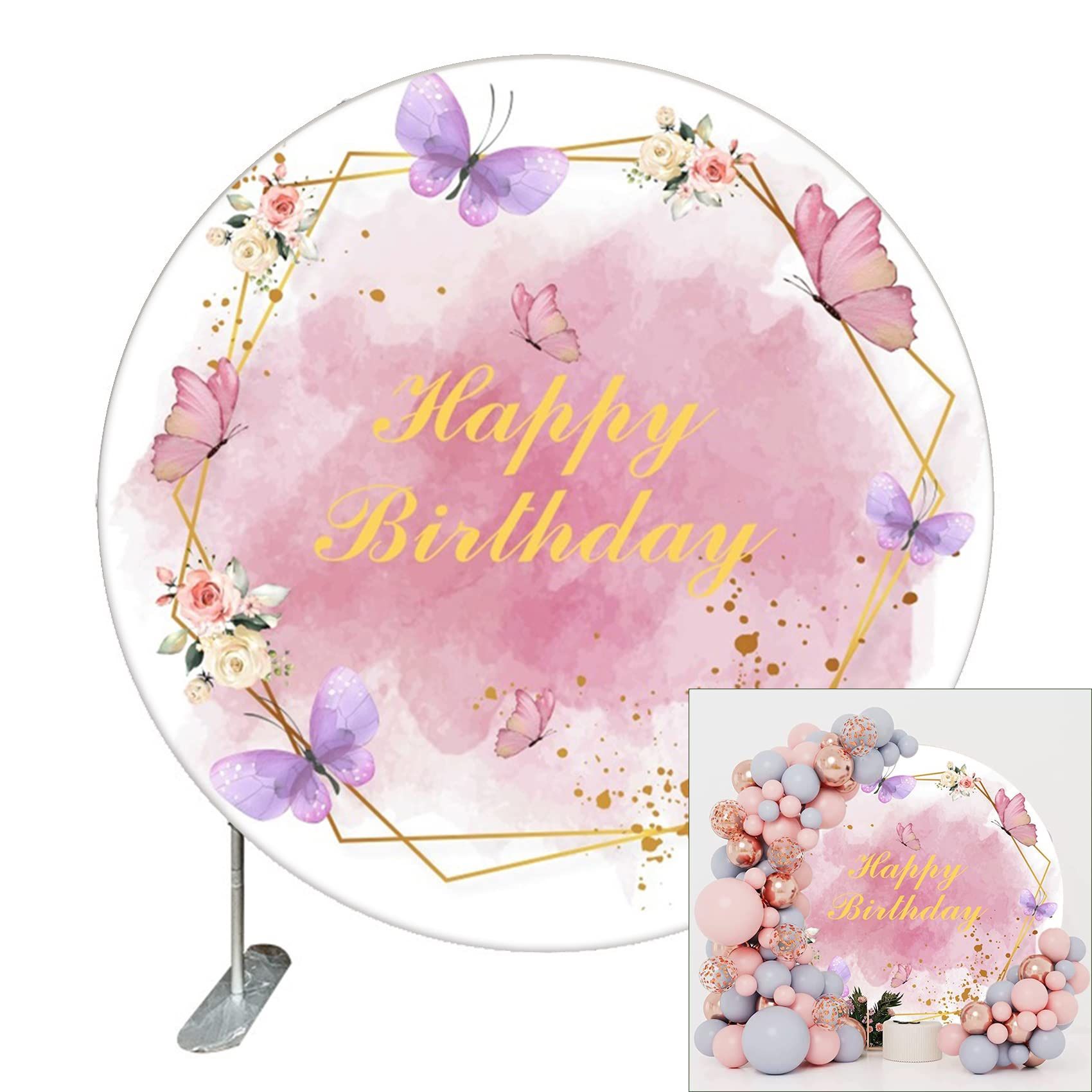 Renaiss Happy Birthday Round Backdrop Cover 7.2ft Polyester Butterfly Flowers Pink Watercolor Circle Backdrop Cover For Girls Women Birthday Party Dec