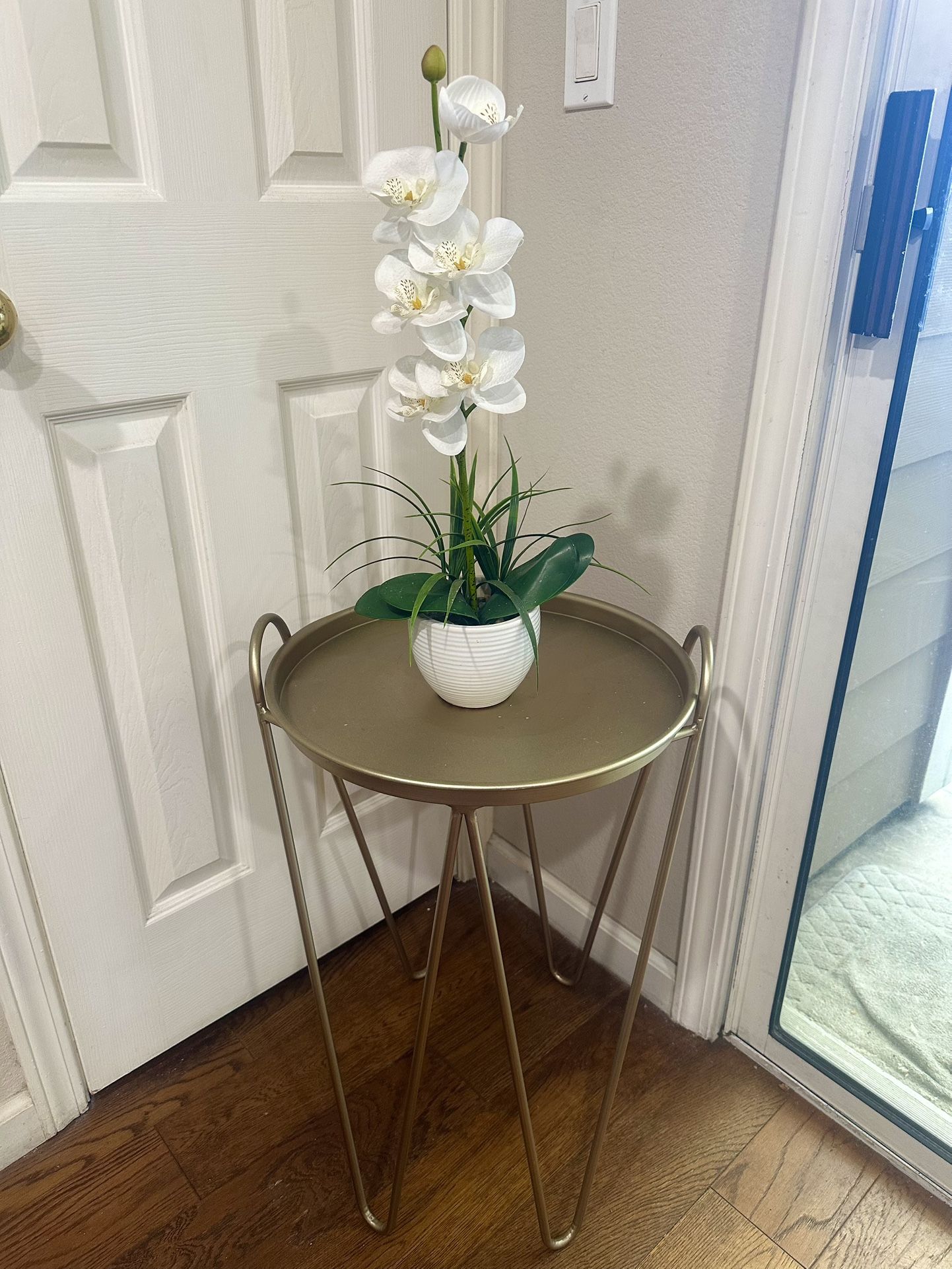 Artificial Orchid Flower Pot With Golden Side Table
