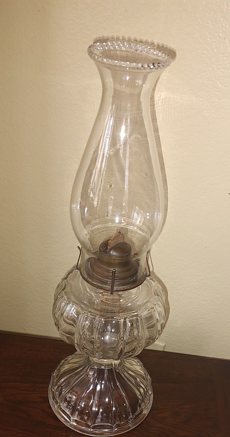 Antique clear glass oil lamp with hurricane shade