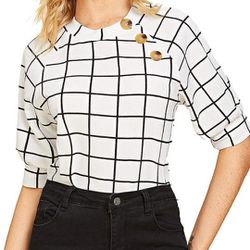 Romwe Women's Summer Casual Black and White Puff Sleeve Blouse Top