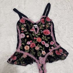 New xl black lace embroidered floral lace bodysuit festival rave boho flower