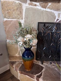 Large Blue & Brown Glazed Ceramic Floor Vase – 17” Decorative Home Accent