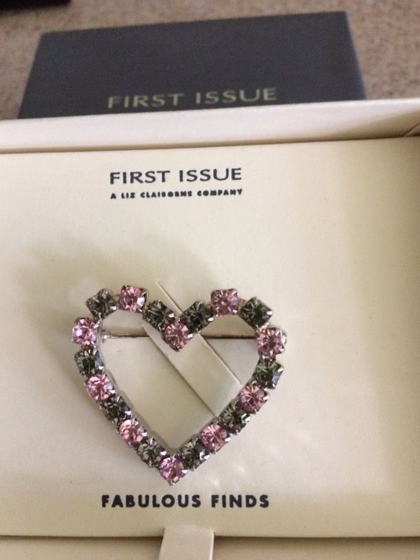 Liz Claiborne heart brooch with pink and grey crystals.