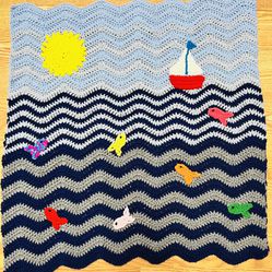 Fish Sailboat Ocean HandMADE crocheT baby blanket/lap afghan-UNISEX-SHOWER GIFT