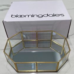 Bloomingdale’s Gold Metal Mirror Glass Vanity Makeup Cosmetic Perfume Jewelry Tray Decoration Platter 