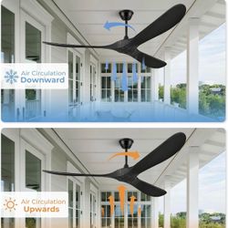 72" Outdoor Ceiling Fans for Patios, Matte Black Ceiling Fans Without Lights, 3 Blades Wood Ceiling Fan with No Light by Remote Control for Indoor Out