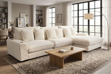 Lindyn II Ivory Jumbo Corduroy 3pc Reversible Sectional Sofa w/ Dual Cupholders & USB Ports