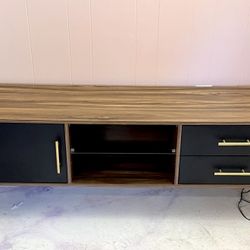 Mid-Century TV Stand w/ Storage Cabinet, Drawers & Glass Shelf 55” Walnut/ Black
