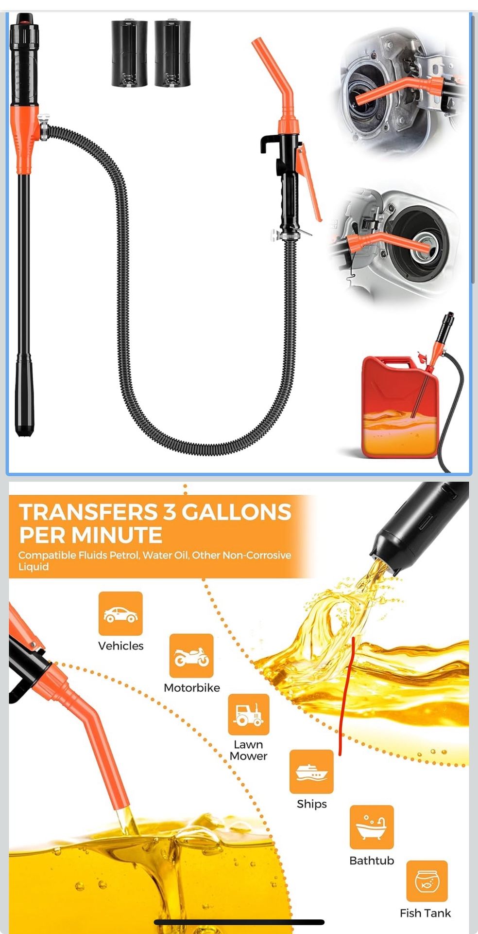 Electric Fuel Transfer Pump Powered, 3GPM Portable Fluid Transfer Siphon Pump with Oil Pipeline, Battery Gas Pumps with Adjustable Flow Control Nozzle