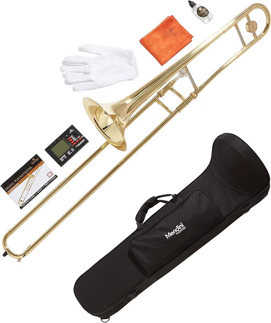 Bb Tenor Slide Trombone for Beginners - B Flat Brass Plated Trombone Instrument for Students with Tuner, Music Book, Hard Case, Mouthpiece, Cleaning K
