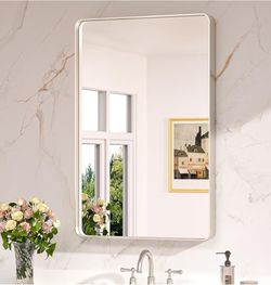 Brushed Nickel Mirror 24” x 36” Silver Bathroom Mirror for Over Sink, Rounded Rectangle Farmhouse Vanity Mirror with Metal Frame, HD Tempered Glass De