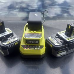 2 RYOBI 4ah HP BATTERIES AND CHARGER 