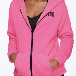 NEW PINK Victoria Secret Hoodie Sherpa Reversible Jacket Full ZIP Small Pink - it’s not oversize