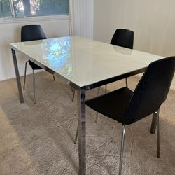 Glass Top Table And 3 Wooden Chairs 