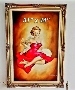 Vintage Pin-Up Oil Painting in Gold Frame