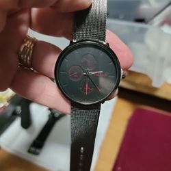 Black And Red Faced Geneva Watch With Black Nylon Band