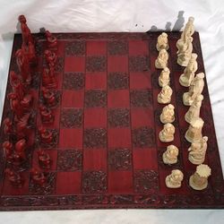 Vintage Napoleonic Chess Set w/ Carved Wooden Board Red & Ivory Style Figures 