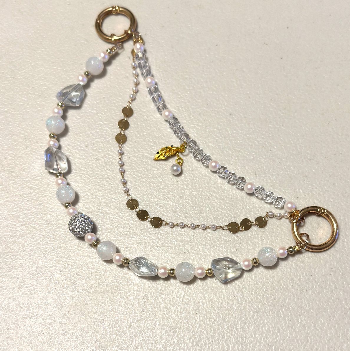 Phone Chain multi-strand beaded leaf/pearl charm & crystal beads