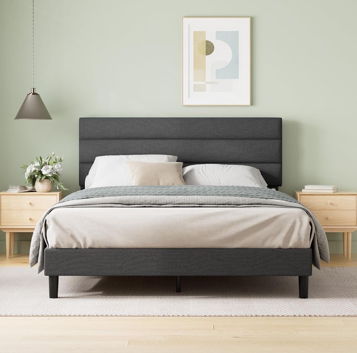 Upholstered Platform Bed with Horizontal Paneled Headboard, Wooden Slat Support, No Box Spring Needed, Easy Assembly