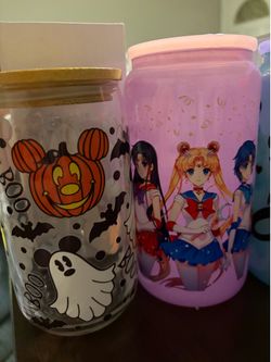 Glass mason jar cups/tumblers: Mickey, sailor moon, kuromi, strawberry shortcake, stitch & insideout