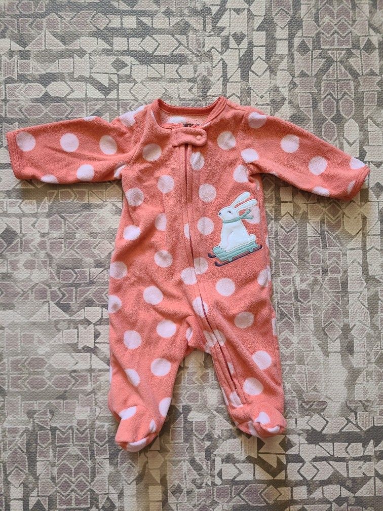 Carter's NB Pink Polka Dot Skiing Snow Bunny Fleece Footie Pajama