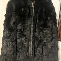Black Genuine Fur + Leather Trim Jacket – Size L
